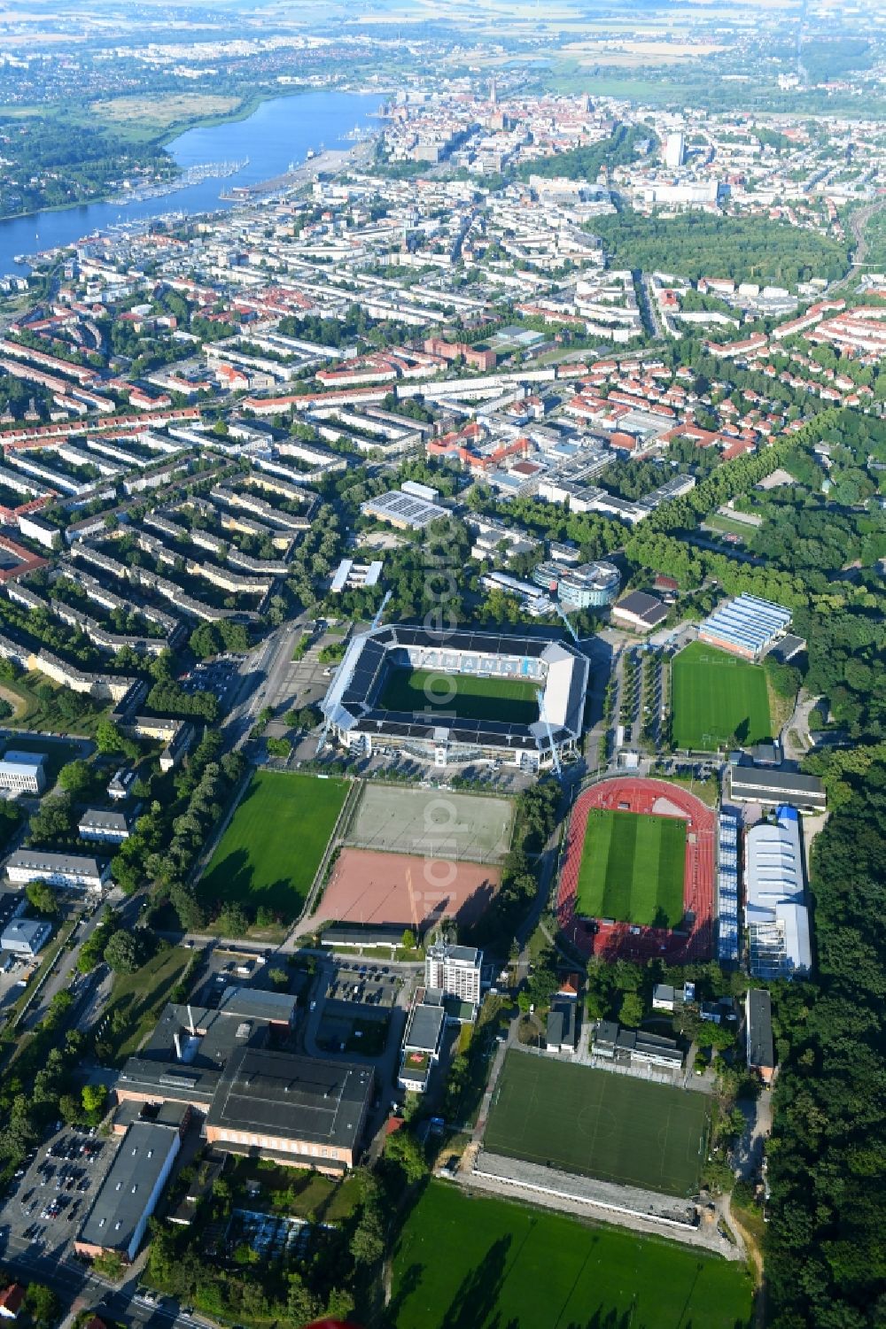 Aerial image Rostock - Sports facility grounds of the Arena stadium in Rostock in the state Mecklenburg - Western Pomerania