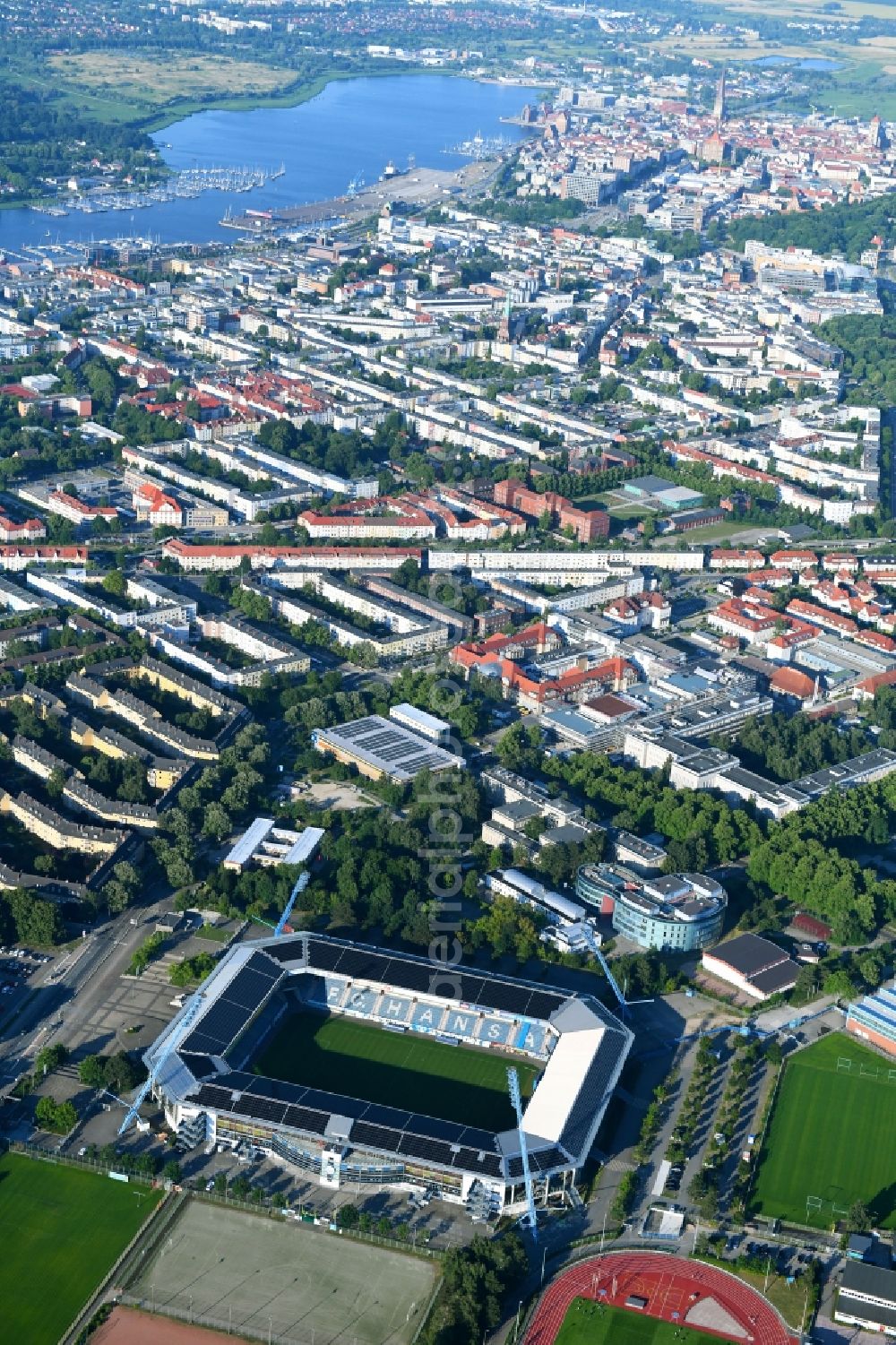 Aerial photograph Rostock - Sports facility grounds of the Arena stadium in Rostock in the state Mecklenburg - Western Pomerania