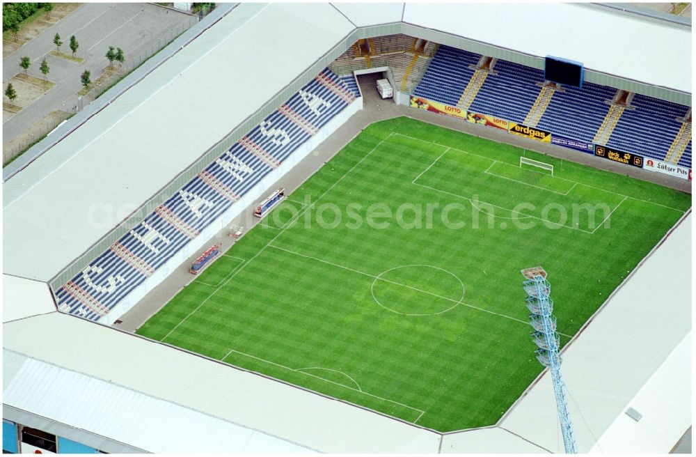 Rostock from the bird's eye view: Sports facility grounds of the Arena stadium DKB-Arena in Rostock in the state Mecklenburg - Western Pomerania