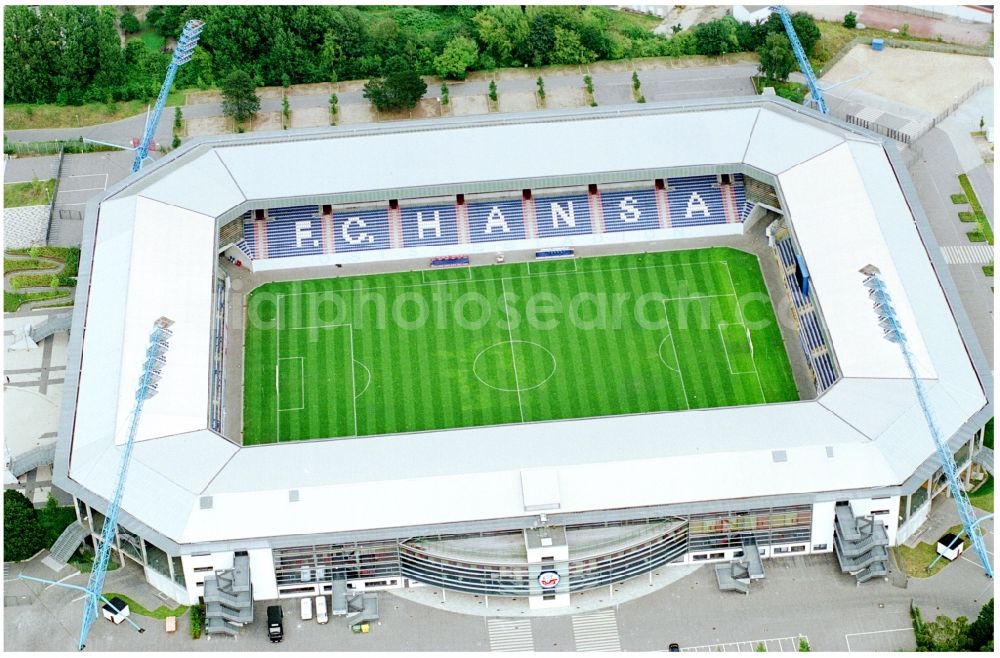 Rostock from above - Sports facility grounds of the Arena stadium DKB-Arena in Rostock in the state Mecklenburg - Western Pomerania