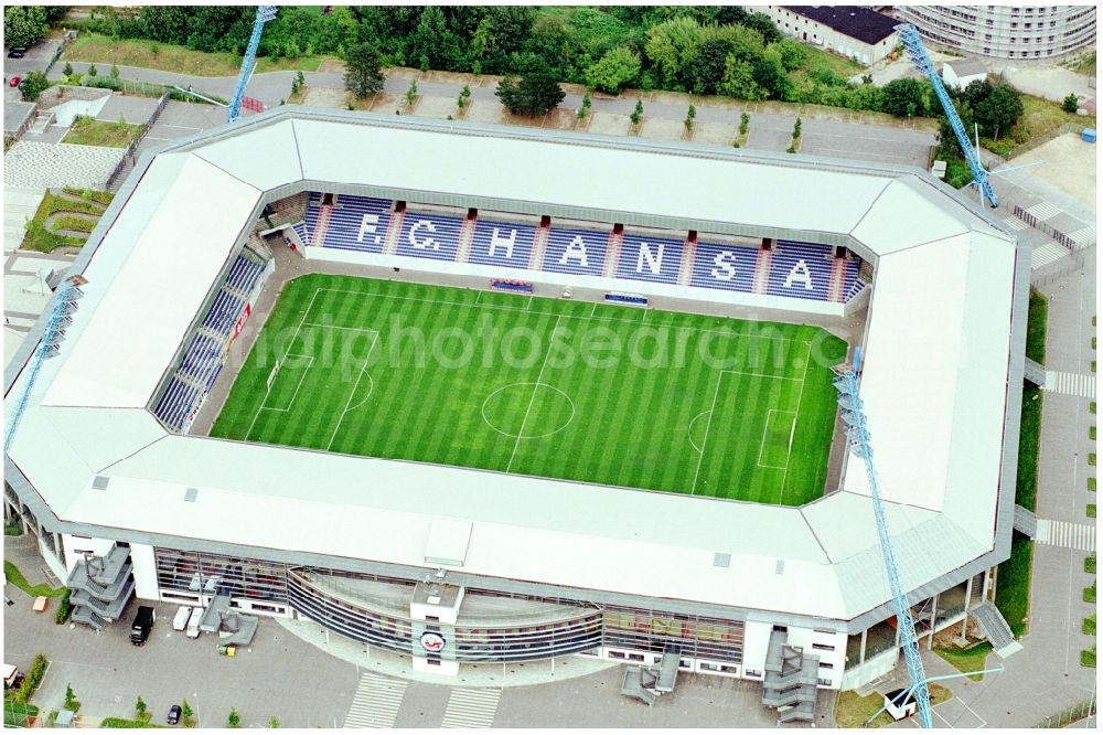 Rostock from the bird's eye view: Sports facility grounds of the Arena stadium DKB-Arena in Rostock in the state Mecklenburg - Western Pomerania