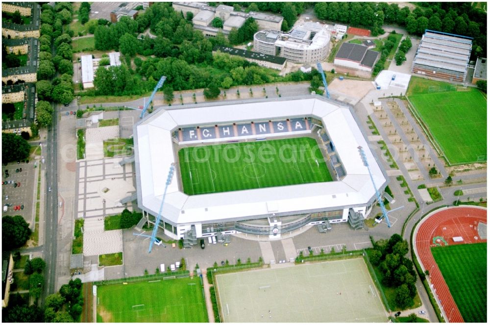 Aerial photograph Rostock - Sports facility grounds of the Arena stadium DKB-Arena in Rostock in the state Mecklenburg - Western Pomerania