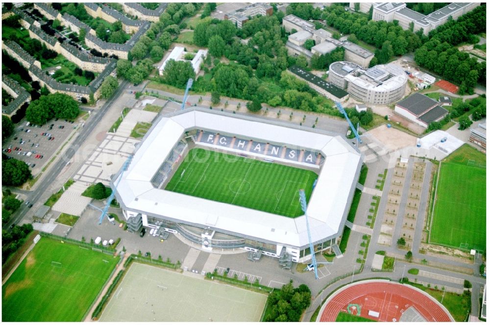 Rostock from above - Sports facility grounds of the Arena stadium DKB-Arena in Rostock in the state Mecklenburg - Western Pomerania