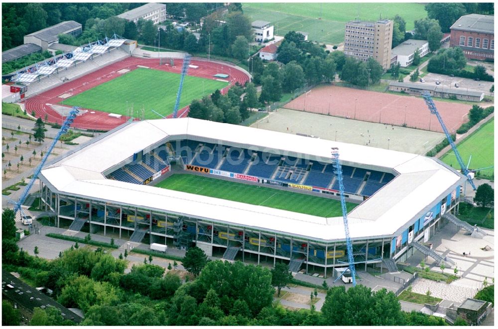 Aerial image Rostock - Sports facility grounds of the Arena stadium DKB-Arena in Rostock in the state Mecklenburg - Western Pomerania