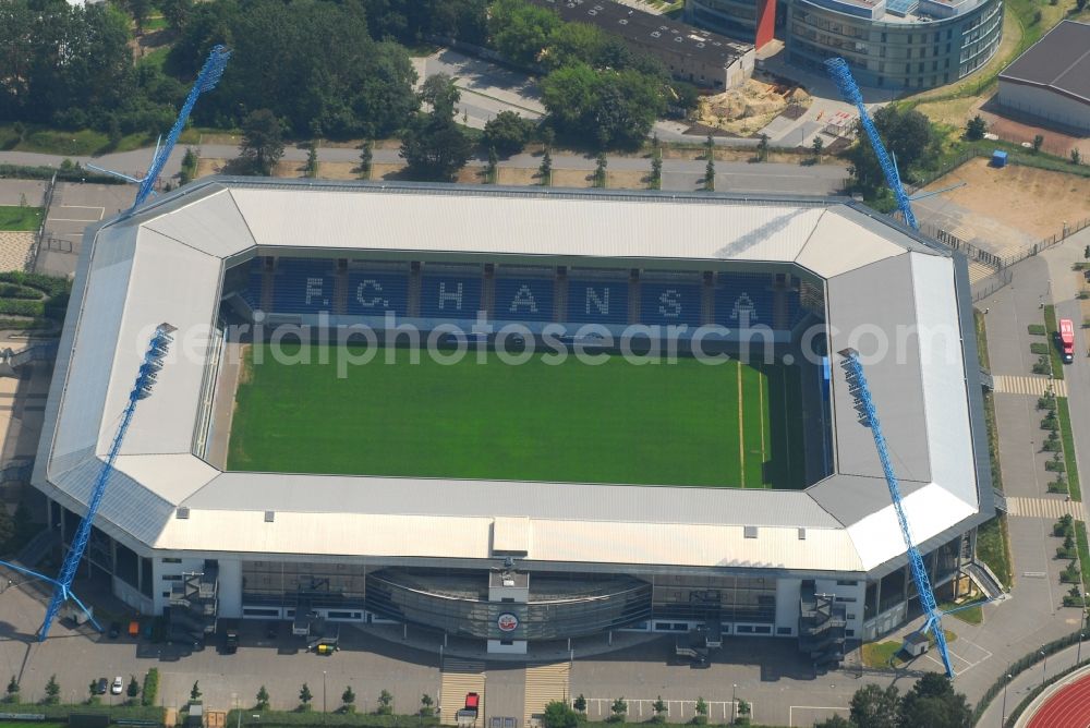 Rostock from the bird's eye view: Sports facility grounds of the Arena stadium DKB-Arena in Rostock in the state Mecklenburg - Western Pomerania