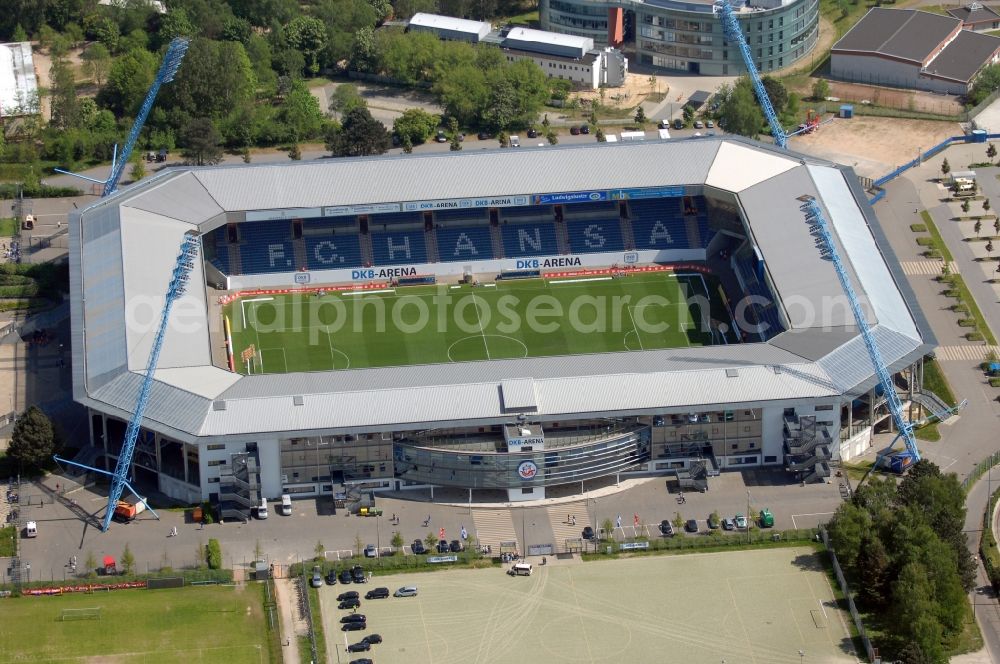 Rostock from the bird's eye view: Sports facility grounds of the Arena stadium DKB-Arena in Rostock in the state Mecklenburg - Western Pomerania