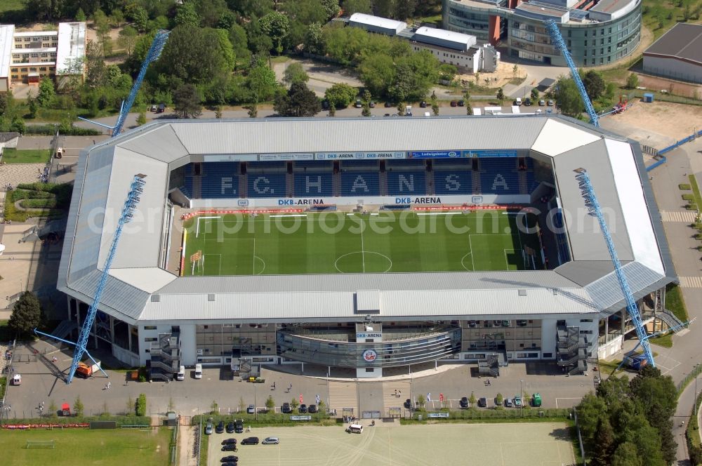 Aerial image Rostock - Sports facility grounds of the Arena stadium DKB-Arena in Rostock in the state Mecklenburg - Western Pomerania