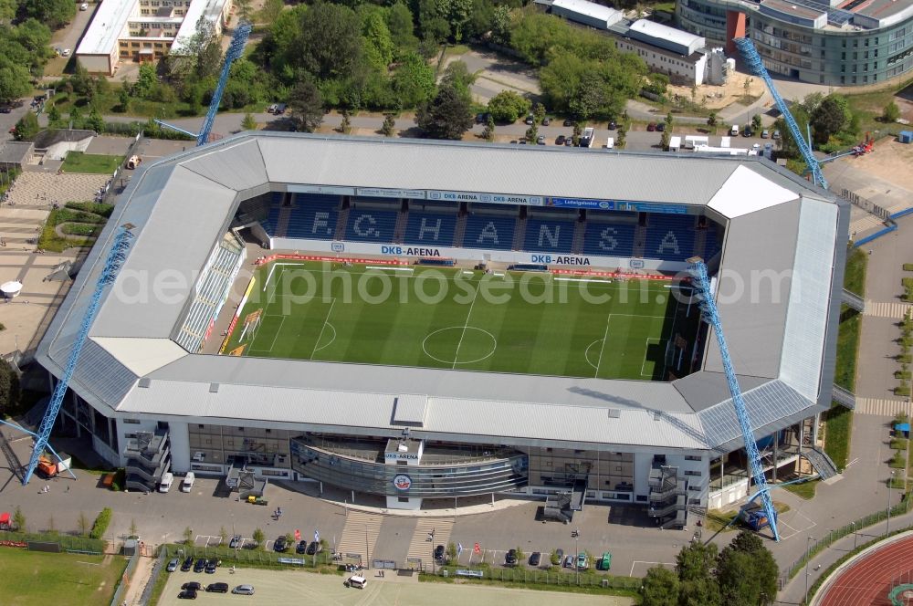 Rostock from above - Sports facility grounds of the Arena stadium DKB-Arena in Rostock in the state Mecklenburg - Western Pomerania