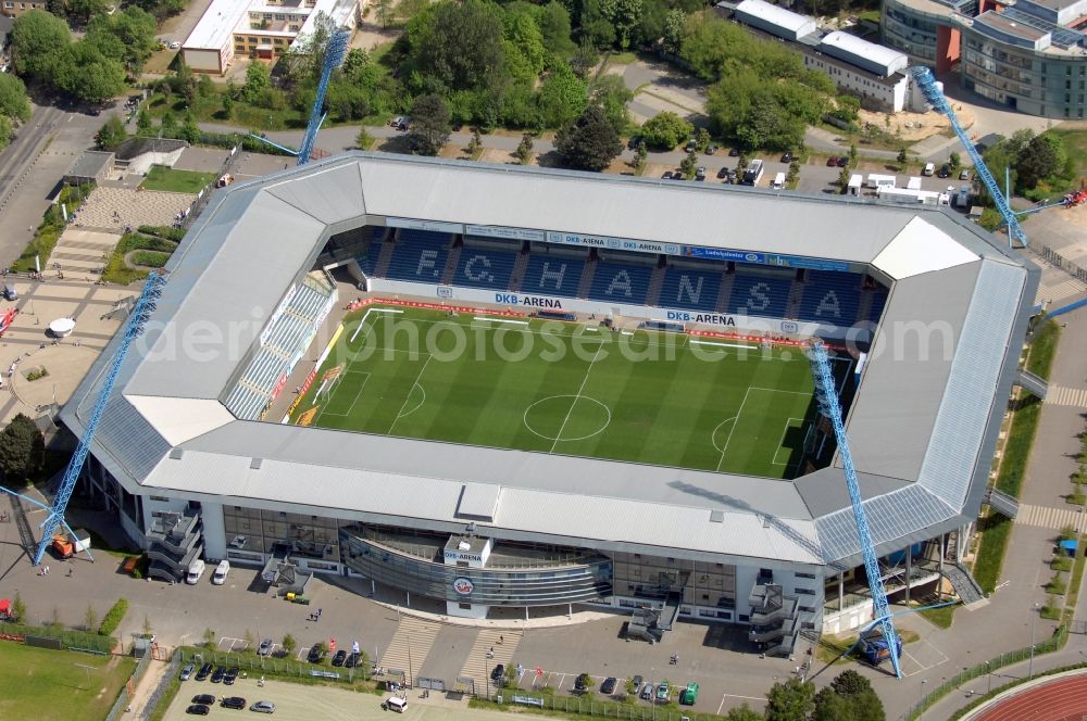 Rostock from the bird's eye view: Sports facility grounds of the Arena stadium DKB-Arena in Rostock in the state Mecklenburg - Western Pomerania