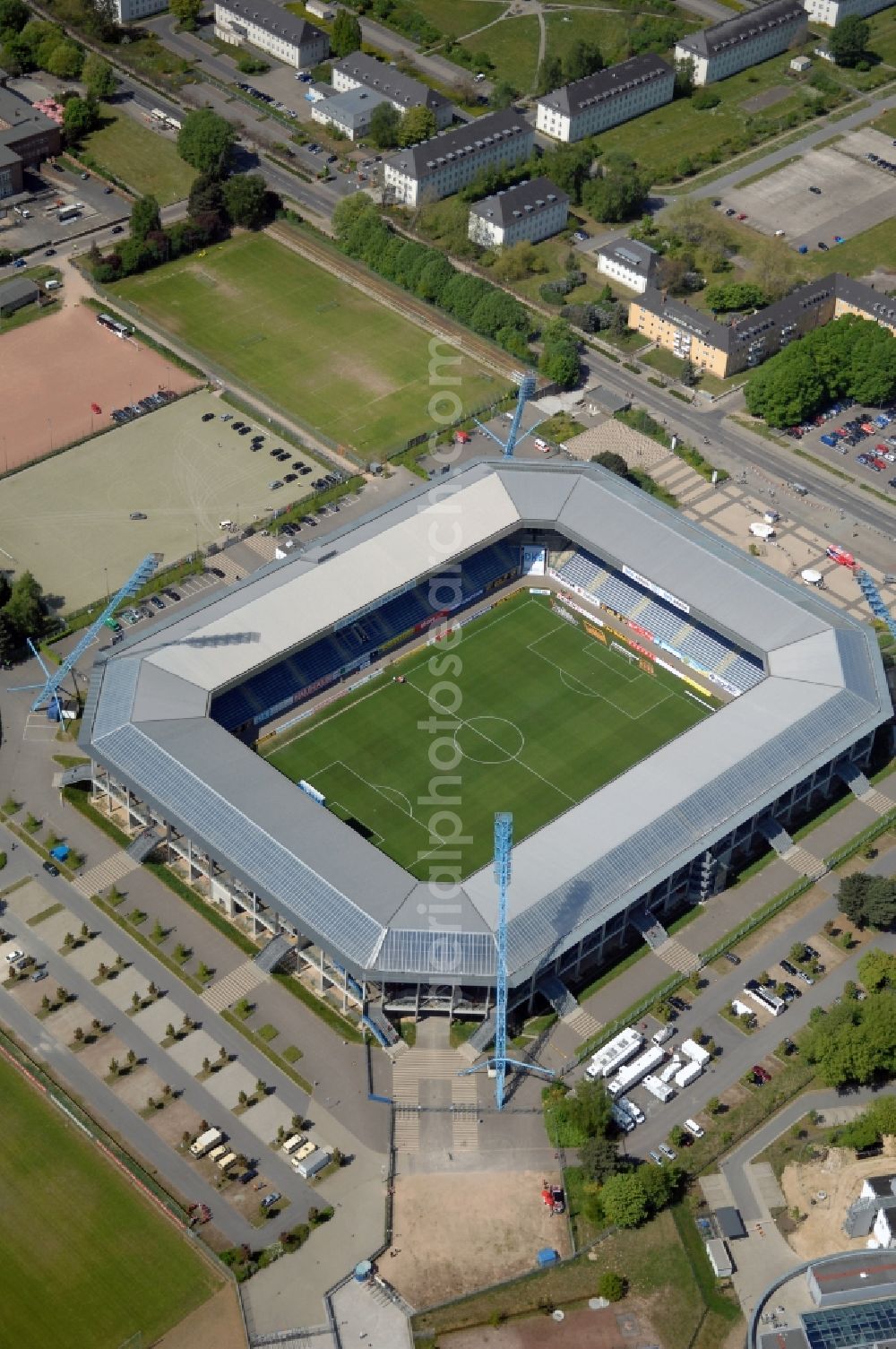 Rostock from the bird's eye view: Sports facility grounds of the Arena stadium DKB-Arena in Rostock in the state Mecklenburg - Western Pomerania