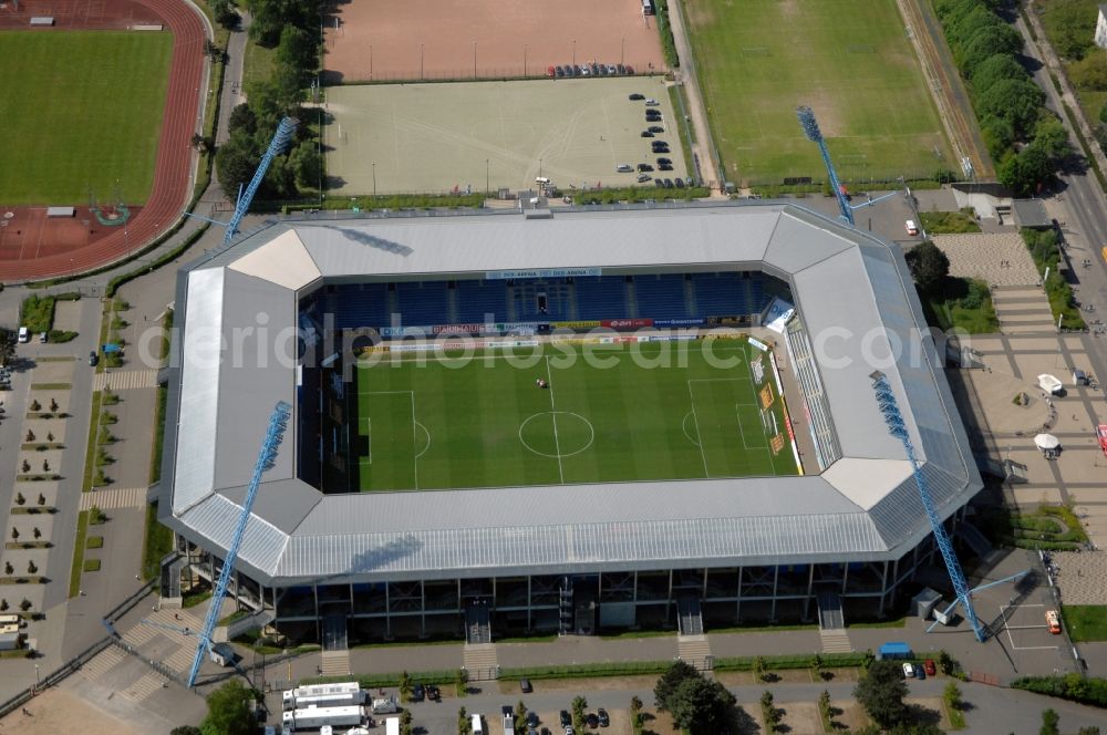 Rostock from above - Sports facility grounds of the Arena stadium DKB-Arena in Rostock in the state Mecklenburg - Western Pomerania