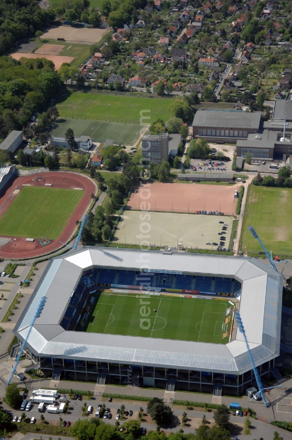 Rostock from the bird's eye view: Sports facility grounds of the Arena stadium DKB-Arena in Rostock in the state Mecklenburg - Western Pomerania