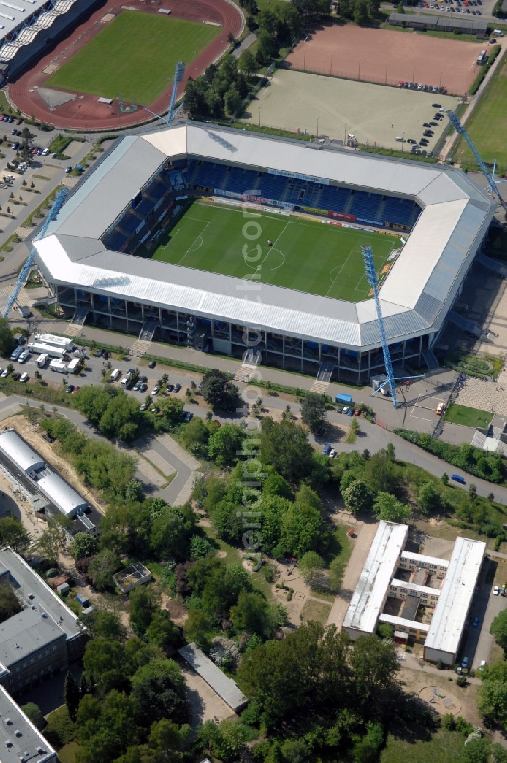 Aerial photograph Rostock - Sports facility grounds of the Arena stadium DKB-Arena in Rostock in the state Mecklenburg - Western Pomerania