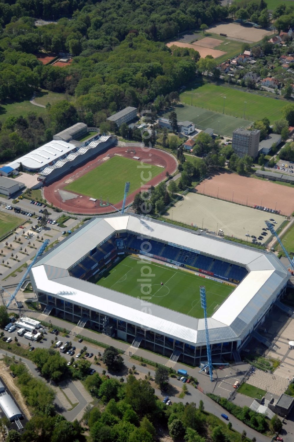 Rostock from above - Sports facility grounds of the Arena stadium DKB-Arena in Rostock in the state Mecklenburg - Western Pomerania