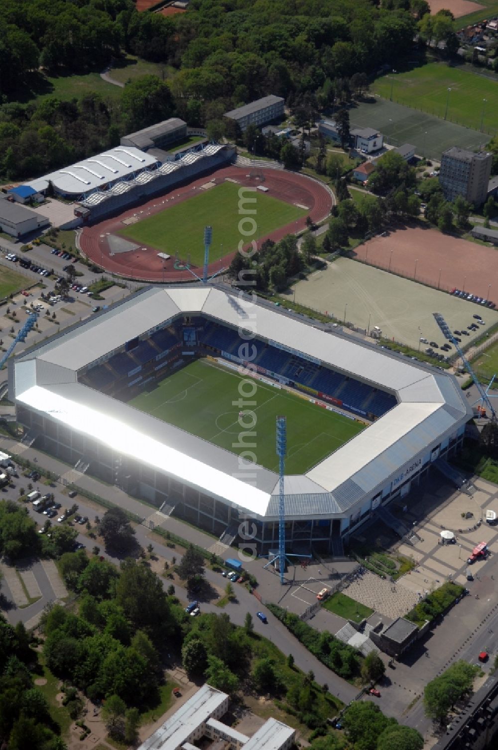 Rostock from the bird's eye view: Sports facility grounds of the Arena stadium DKB-Arena in Rostock in the state Mecklenburg - Western Pomerania