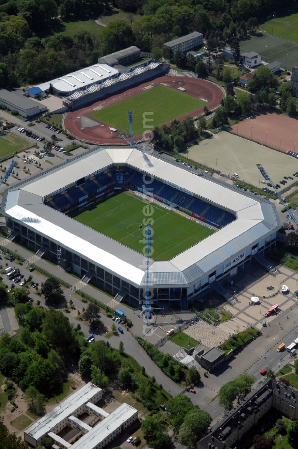 Aerial image Rostock - Sports facility grounds of the Arena stadium DKB-Arena in Rostock in the state Mecklenburg - Western Pomerania