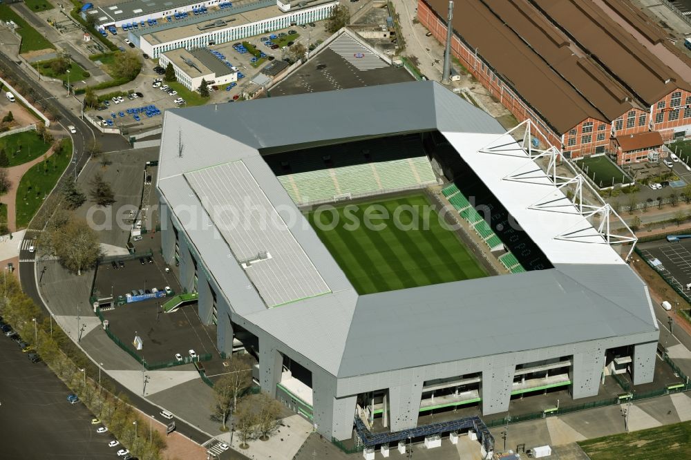 Saint-Etienne from above - Sports facility grounds of the Arena stadium Stade Geoffroy-Guichard an der Rue Paul et Pierre Guichard vor der Fussball- Europameisterschaft in Saint-Etienne in Auvergne Rhone-Alpes, France