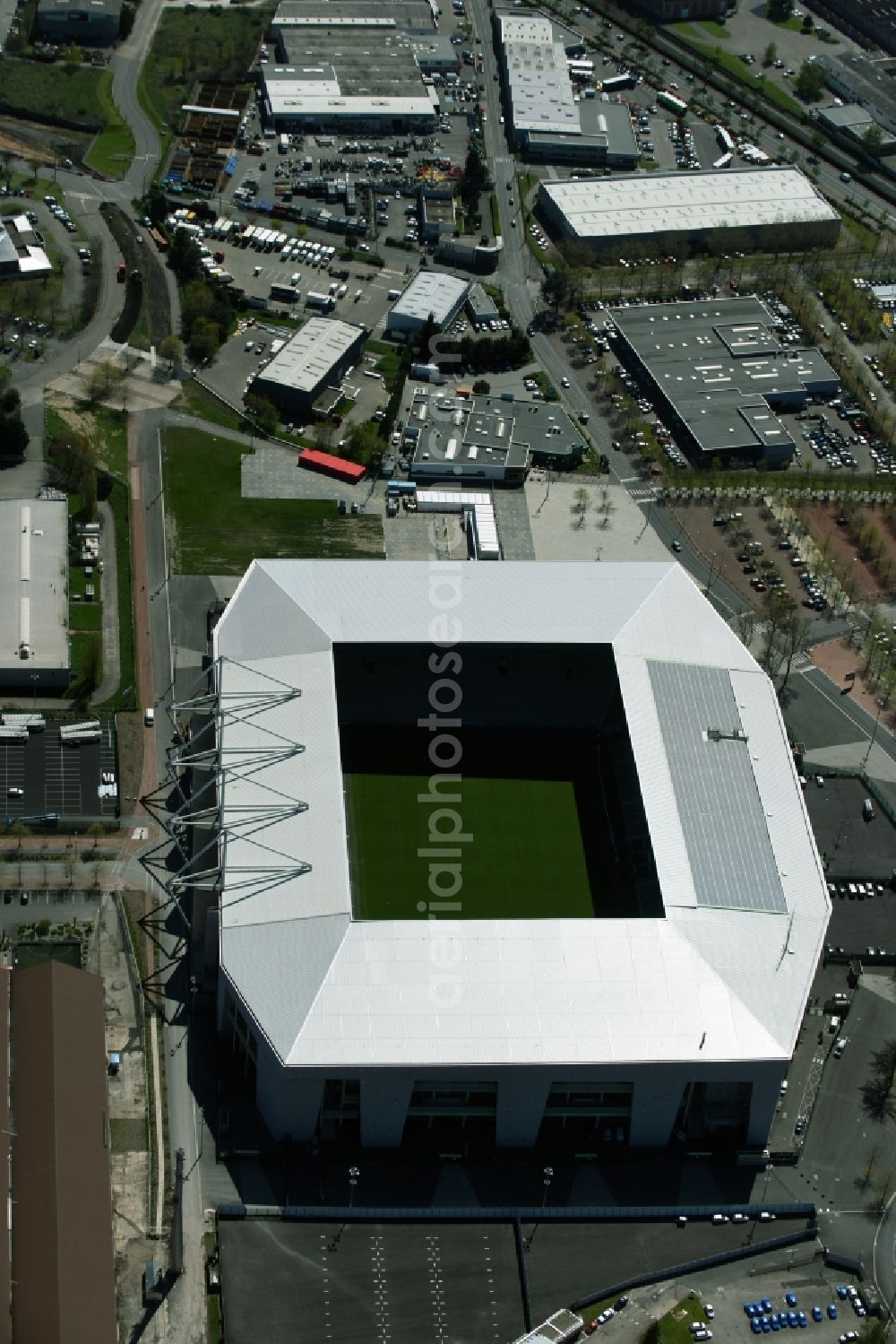 Aerial photograph Saint-Etienne - Sports facility grounds of the Arena stadium Stade Geoffroy-Guichard an der Rue Paul et Pierre Guichard vor der Fussball- Europameisterschaft in Saint-Etienne in Auvergne Rhone-Alpes, France