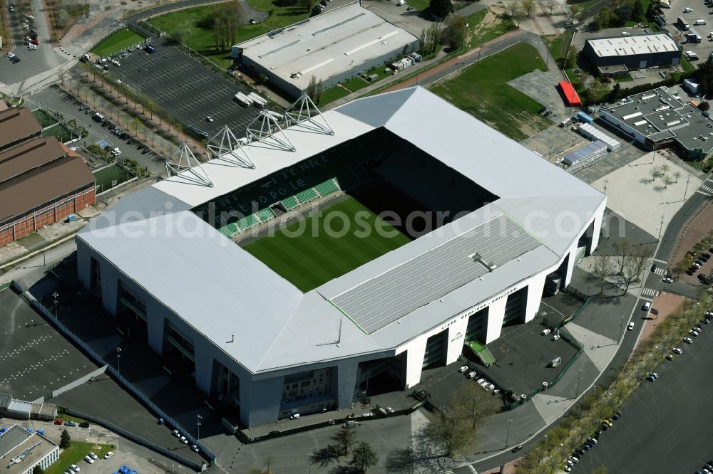 Aerial photograph Saint-Etienne - Sports facility grounds of the Arena stadium Stade Geoffroy-Guichard an der Rue Paul et Pierre Guichard vor der Fussball- Europameisterschaft in Saint-Etienne in Auvergne Rhone-Alpes, France