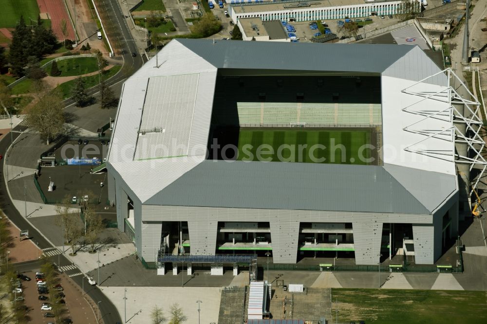 Saint-Etienne from the bird's eye view: Sports facility grounds of the Arena stadium Stade Geoffroy-Guichard an der Rue Paul et Pierre Guichard vor der Fussball- Europameisterschaft in Saint-Etienne in Auvergne Rhone-Alpes, France