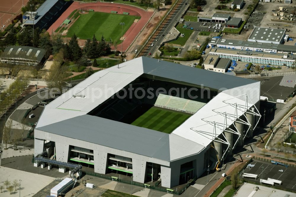 Aerial image Saint-Etienne - Sports facility grounds of the Arena stadium Stade Geoffroy-Guichard an der Rue Paul et Pierre Guichard vor der Fussball- Europameisterschaft in Saint-Etienne in Auvergne Rhone-Alpes, France