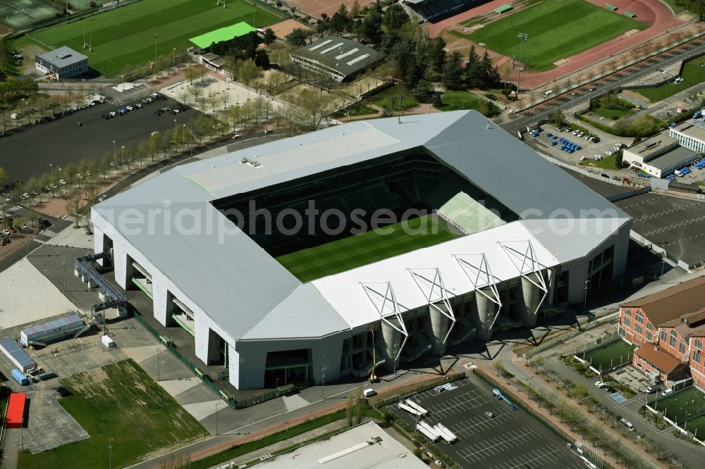 Saint-Etienne from the bird's eye view: Sports facility grounds of the Arena stadium Stade Geoffroy-Guichard an der Rue Paul et Pierre Guichard vor der Fussball- Europameisterschaft in Saint-Etienne in Auvergne Rhone-Alpes, France