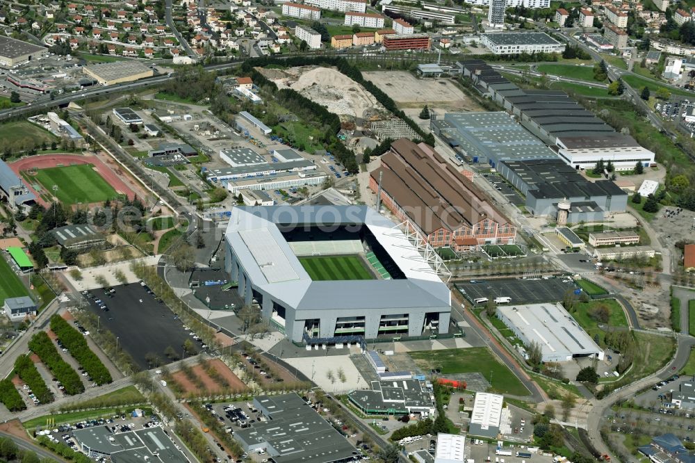 Aerial image Saint-Etienne - Sports facility grounds of the Arena stadium Stade Geoffroy-Guichard an der Rue Paul et Pierre Guichard vor der Fussball- Europameisterschaft in Saint-Etienne in Auvergne Rhone-Alpes, France