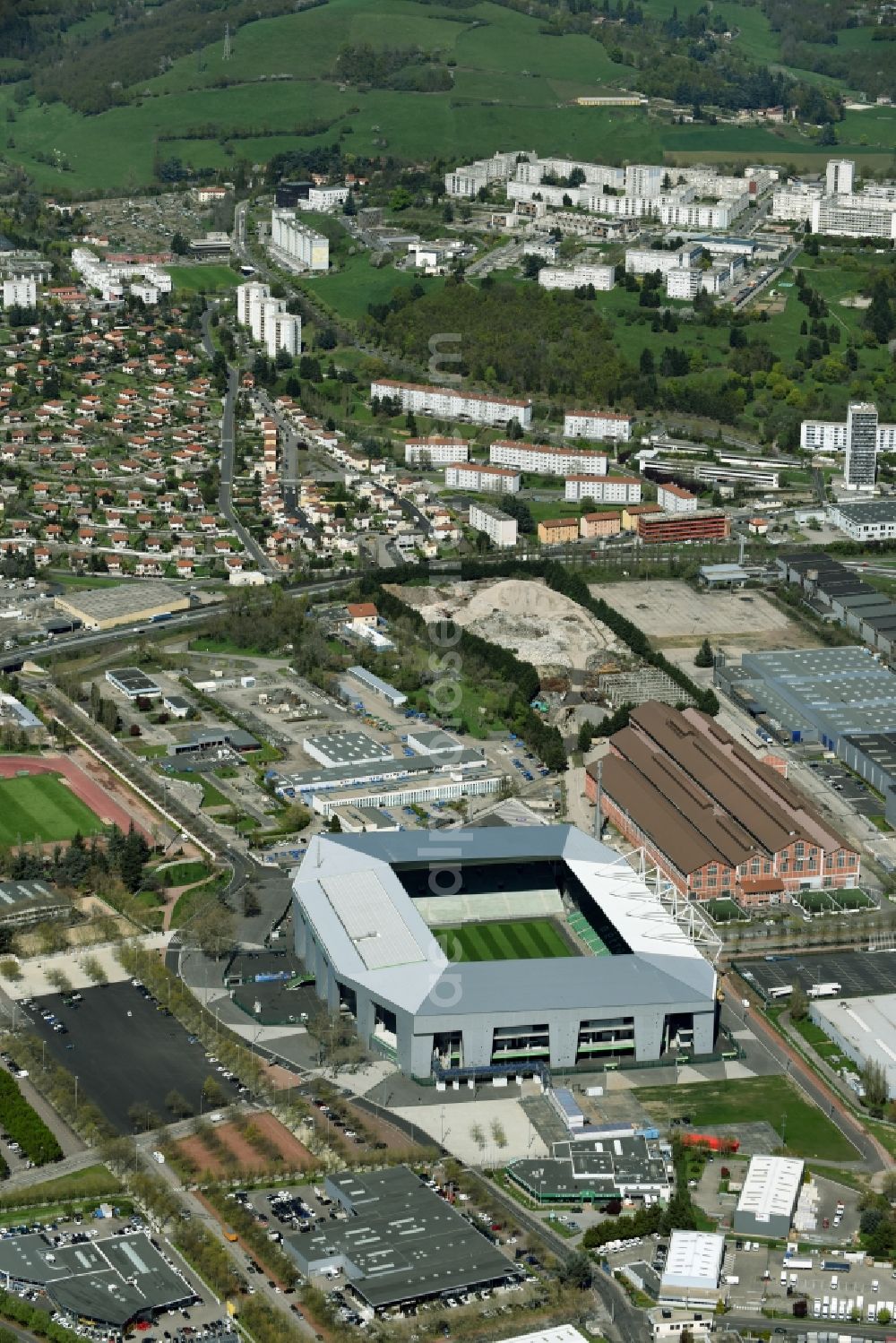 Saint-Etienne from above - Sports facility grounds of the Arena stadium Stade Geoffroy-Guichard an der Rue Paul et Pierre Guichard vor der Fussball- Europameisterschaft in Saint-Etienne in Auvergne Rhone-Alpes, France