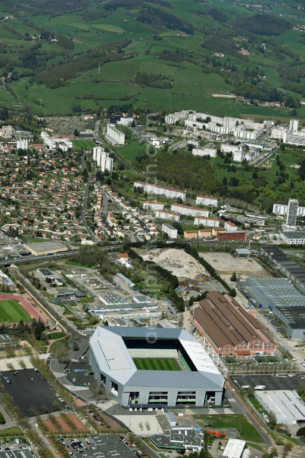 Saint-Etienne from the bird's eye view: Sports facility grounds of the Arena stadium Stade Geoffroy-Guichard an der Rue Paul et Pierre Guichard vor der Fussball- Europameisterschaft in Saint-Etienne in Auvergne Rhone-Alpes, France