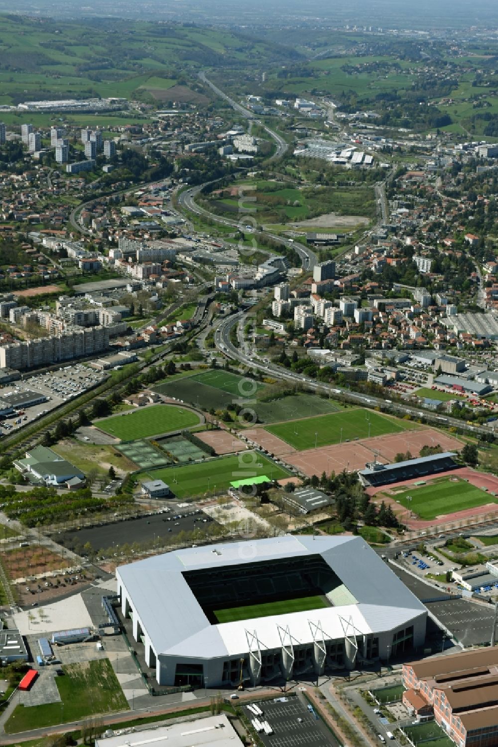 Aerial photograph Saint-Etienne - Sports facility grounds of the Arena stadium Stade Geoffroy-Guichard an der Rue Paul et Pierre Guichard vor der Fussball- Europameisterschaft in Saint-Etienne in Auvergne Rhone-Alpes, France