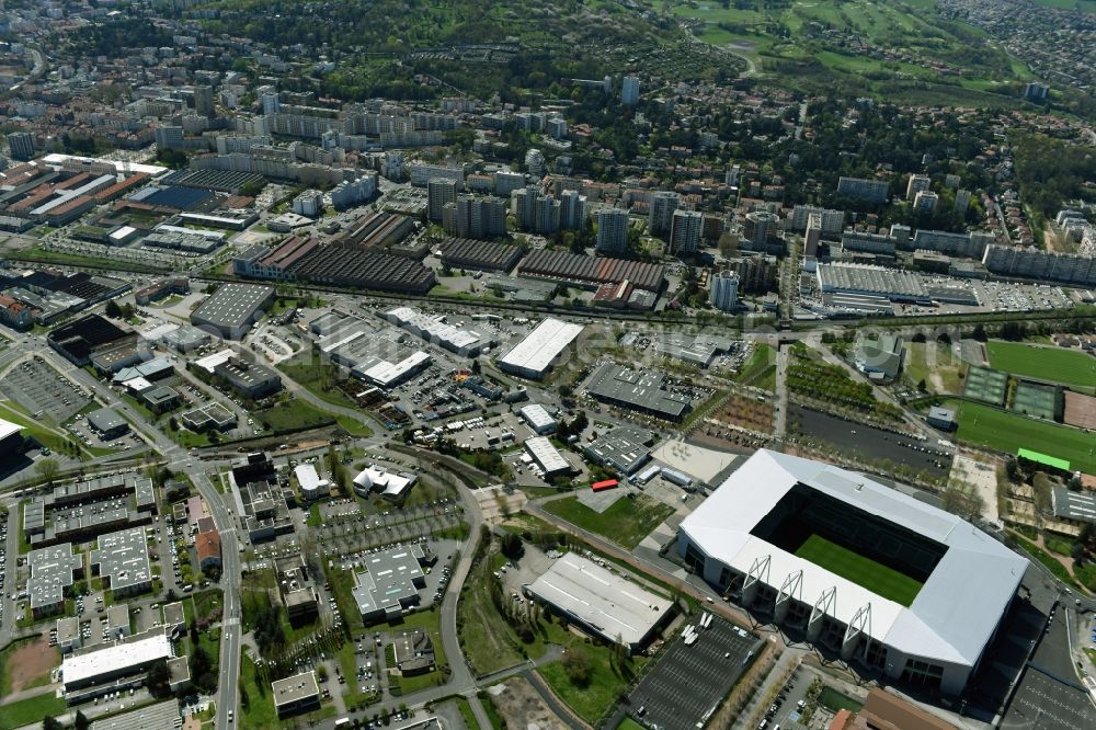 Saint-Etienne from above - Sports facility grounds of the Arena stadium Stade Geoffroy-Guichard an der Rue Paul et Pierre Guichard vor der Fussball- Europameisterschaft in Saint-Etienne in Auvergne Rhone-Alpes, France