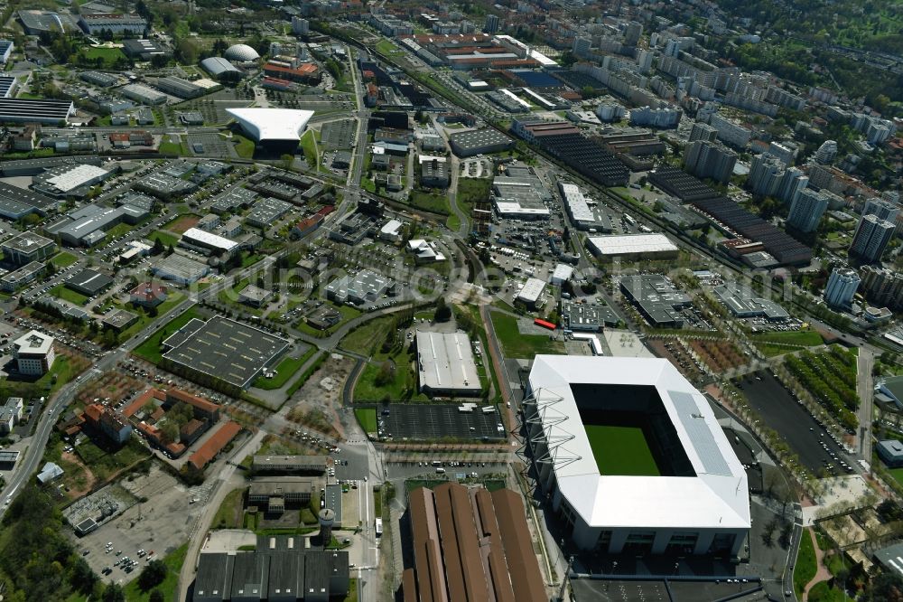 Saint-Etienne from the bird's eye view: Sports facility grounds of the Arena stadium Stade Geoffroy-Guichard an der Rue Paul et Pierre Guichard vor der Fussball- Europameisterschaft in Saint-Etienne in Auvergne Rhone-Alpes, France