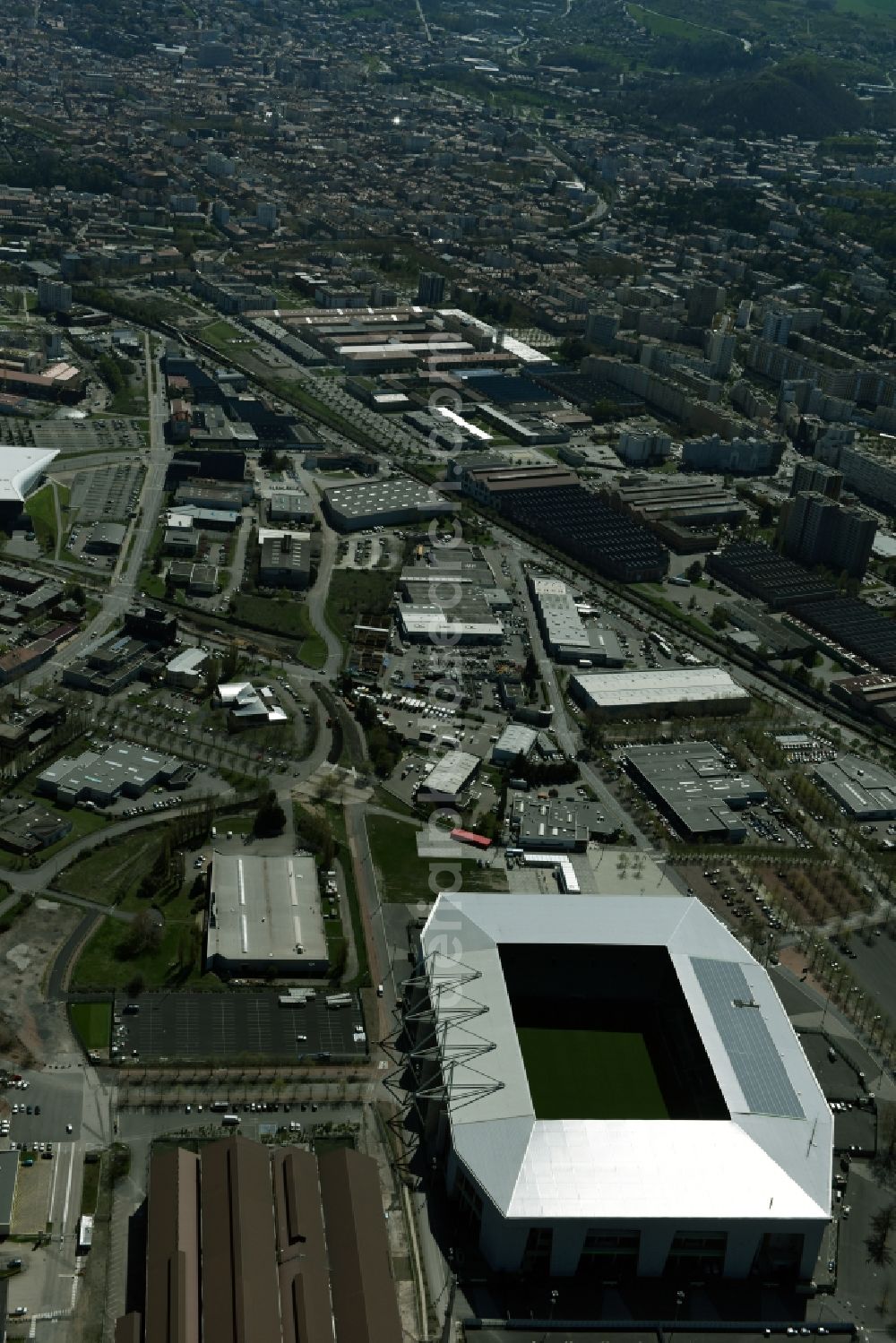 Aerial image Saint-Etienne - Sports facility grounds of the Arena stadium Stade Geoffroy-Guichard an der Rue Paul et Pierre Guichard vor der Fussball- Europameisterschaft in Saint-Etienne in Auvergne Rhone-Alpes, France