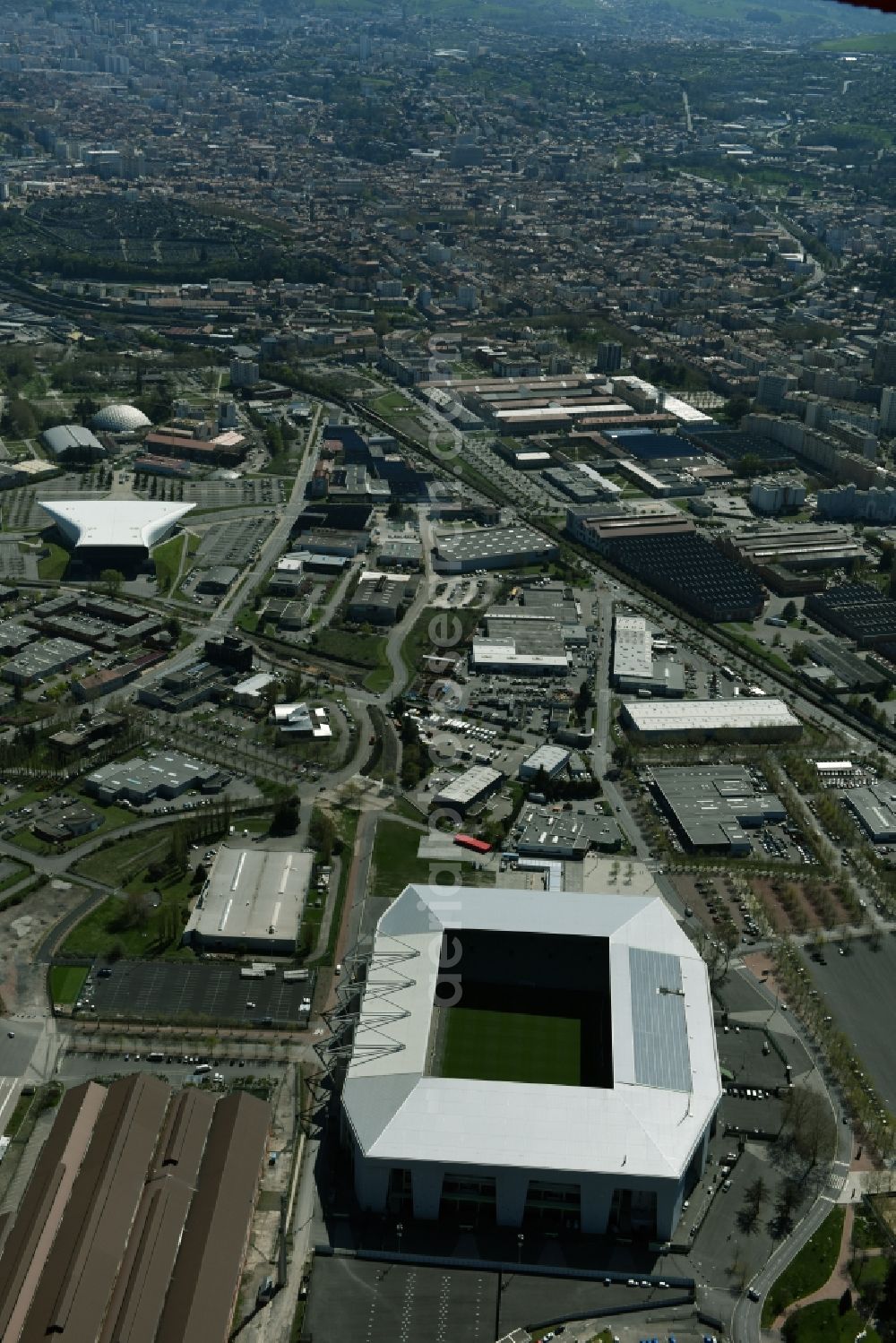 Aerial photograph Saint-Etienne - Sports facility grounds of the Arena stadium Stade Geoffroy-Guichard an der Rue Paul et Pierre Guichard vor der Fussball- Europameisterschaft in Saint-Etienne in Auvergne Rhone-Alpes, France