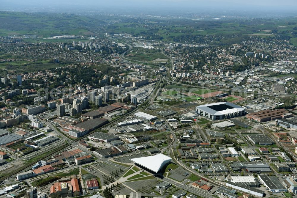 Saint-Etienne from the bird's eye view: Sports facility grounds of the Arena stadium Stade Geoffroy-Guichard an der Rue Paul et Pierre Guichard vor der Fussball- Europameisterschaft in Saint-Etienne in Auvergne Rhone-Alpes, France