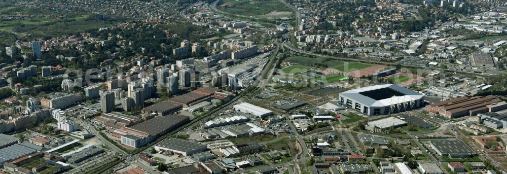 Aerial image Saint-Etienne - Sports facility grounds of the Arena stadium Stade Geoffroy-Guichard an der Rue Paul et Pierre Guichard vor der Fussball- Europameisterschaft in Saint-Etienne in Auvergne Rhone-Alpes, France