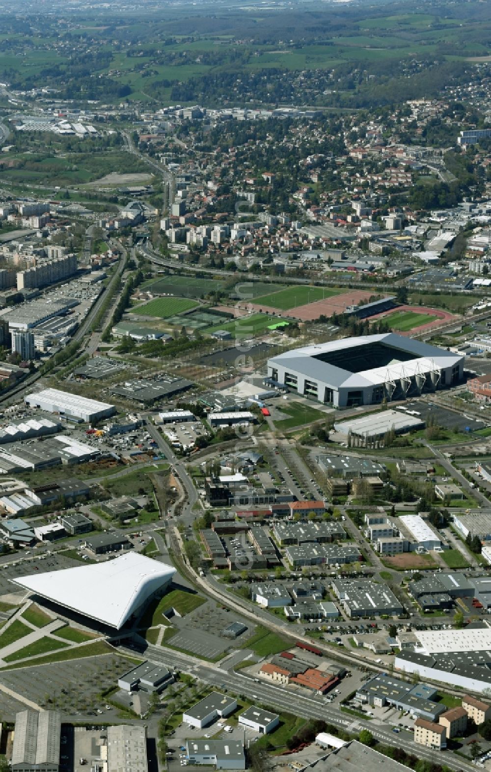 Aerial photograph Saint-Etienne - Sports facility grounds of the Arena stadium Stade Geoffroy-Guichard an der Rue Paul et Pierre Guichard vor der Fussball- Europameisterschaft in Saint-Etienne in Auvergne Rhone-Alpes, France