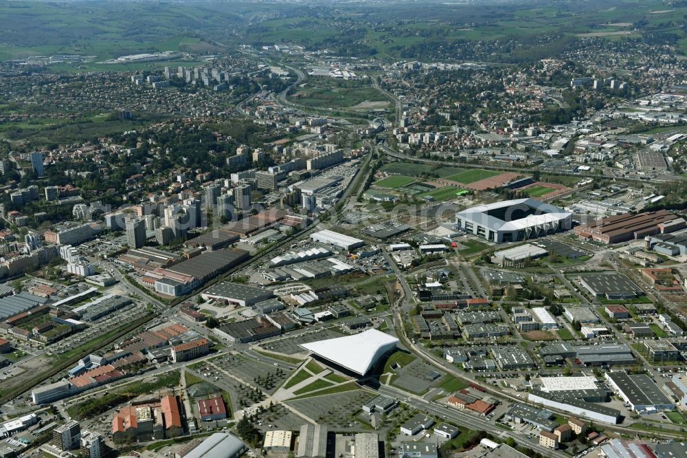 Saint-Etienne from above - Sports facility grounds of the Arena stadium Stade Geoffroy-Guichard an der Rue Paul et Pierre Guichard vor der Fussball- Europameisterschaft in Saint-Etienne in Auvergne Rhone-Alpes, France