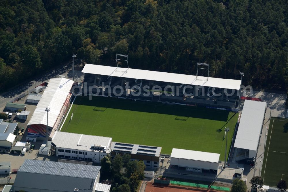 Aerial image Sandhausen - Sports facility grounds of the Arena stadium Hardtwaldstadion der SV 1916 in Sandhausen in the state Baden-Wuerttemberg