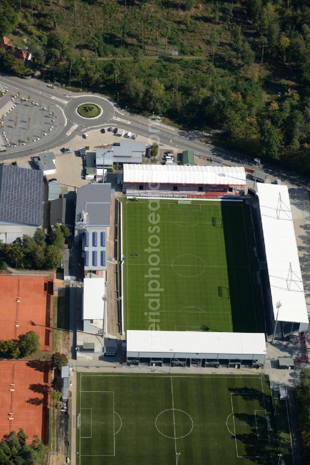 Sandhausen from above - Sports facility grounds of the Arena stadium Hardtwaldstadion der SV 1916 in Sandhausen in the state Baden-Wuerttemberg