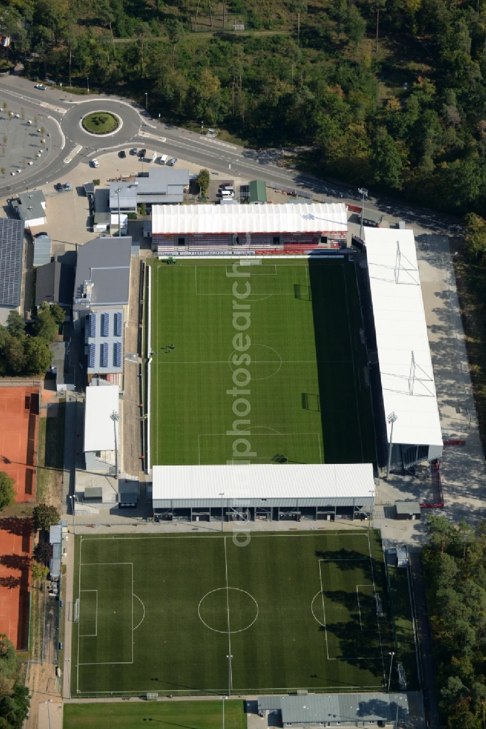 Sandhausen from the bird's eye view: Sports facility grounds of the Arena stadium Hardtwaldstadion der SV 1916 in Sandhausen in the state Baden-Wuerttemberg