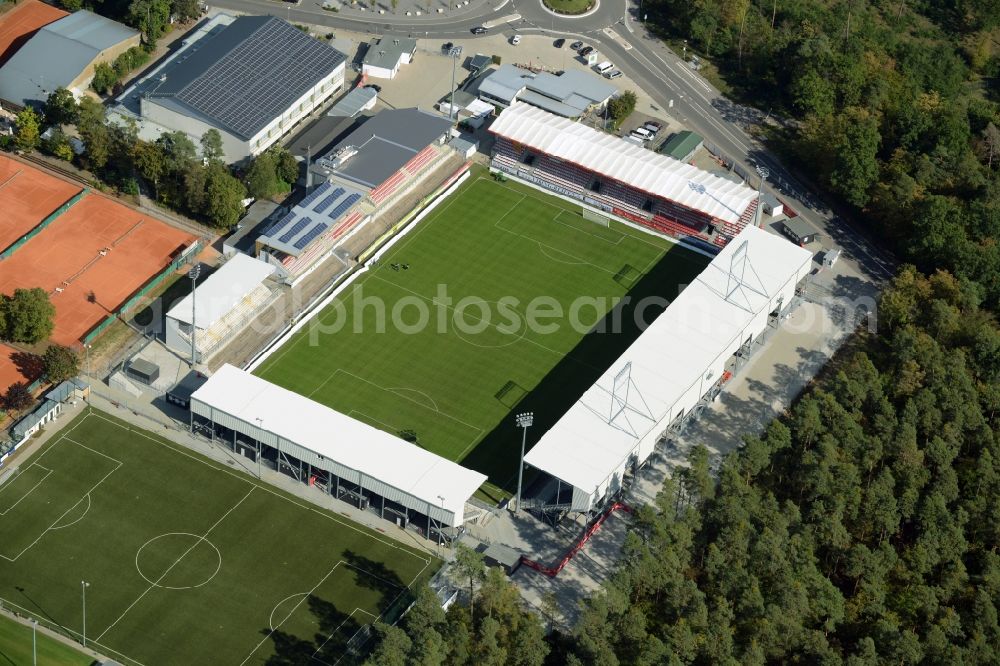 Aerial photograph Sandhausen - Sports facility grounds of the Arena stadium Hardtwaldstadion der SV 1916 in Sandhausen in the state Baden-Wuerttemberg