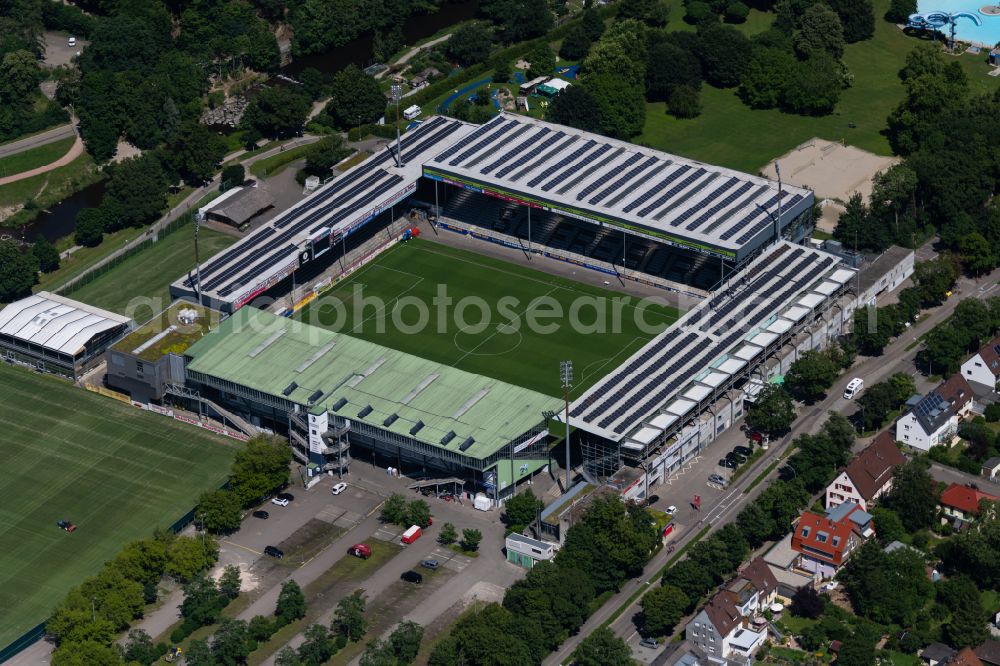 Freiburg im Breisgau from the bird's eye view: Sports facility grounds of the Arena stadium Schwarzwaldstadion in the district Waldsee in Freiburg im Breisgau in the state Baden-Wuerttemberg, Germany