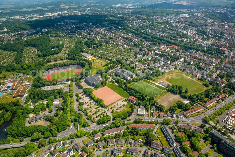 Hagen from the bird's eye view: Sports facility grounds of the Arena stadium - Sportpark Ischeland on Humpertstrasse in Hagen in the state North Rhine-Westphalia, Germany