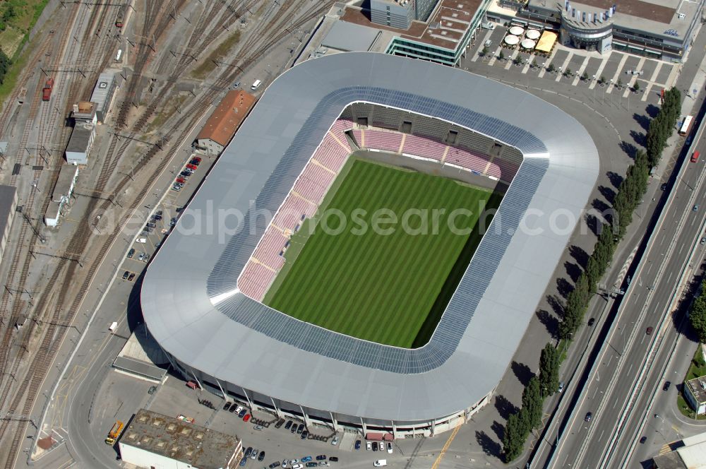 Genf from above - Sports facility grounds of the arena of the stadium Stade de Geneve (or Stade de la Praille) on the Route des Jeunes in Geneva in the canton of Geneve, Switzerland