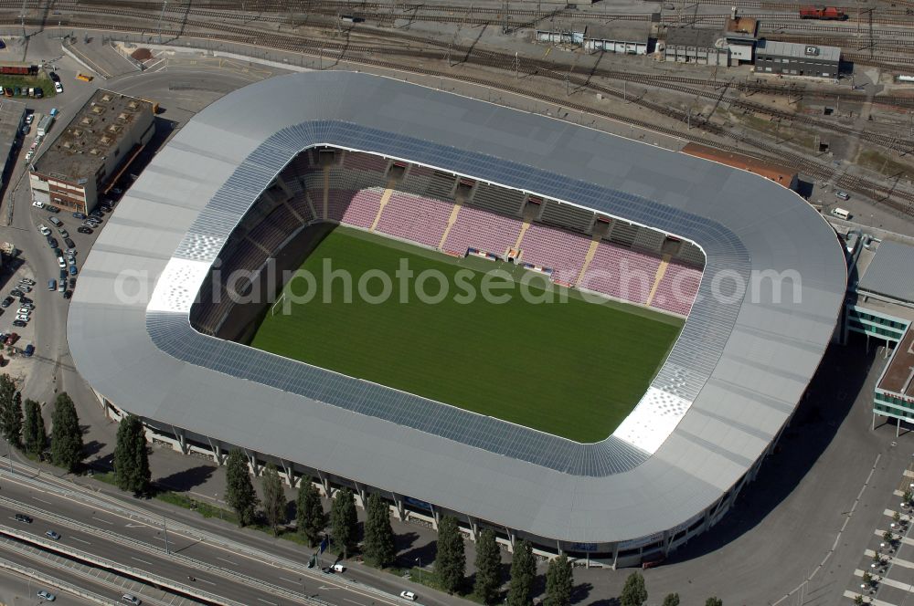 Genf from above - Sports facility grounds of the arena of the stadium Stade de Geneve (or Stade de la Praille) on the Route des Jeunes in Geneva in the canton of Geneve, Switzerland