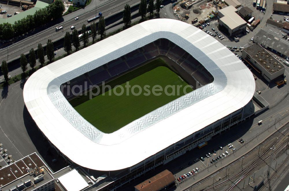 Genf from above - Sports facility grounds of the arena of the stadium Stade de Geneve (or Stade de la Praille) on the Route des Jeunes in Geneva in the canton of Geneve, Switzerland