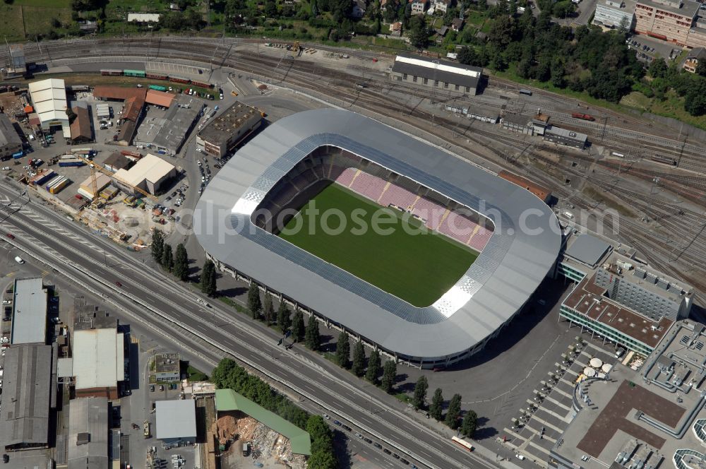 Genf from above - Sports facility grounds of the arena of the stadium Stade de Geneve (or Stade de la Praille) on the Route des Jeunes in Geneva in the canton of Geneve, Switzerland