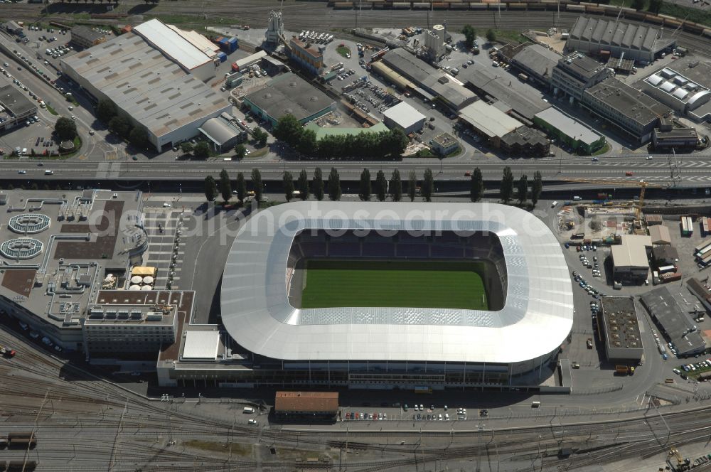 Aerial image Genf - Sports facility grounds of the arena of the stadium Stade de Geneve (or Stade de la Praille) on the Route des Jeunes in Geneva in the canton of Geneve, Switzerland