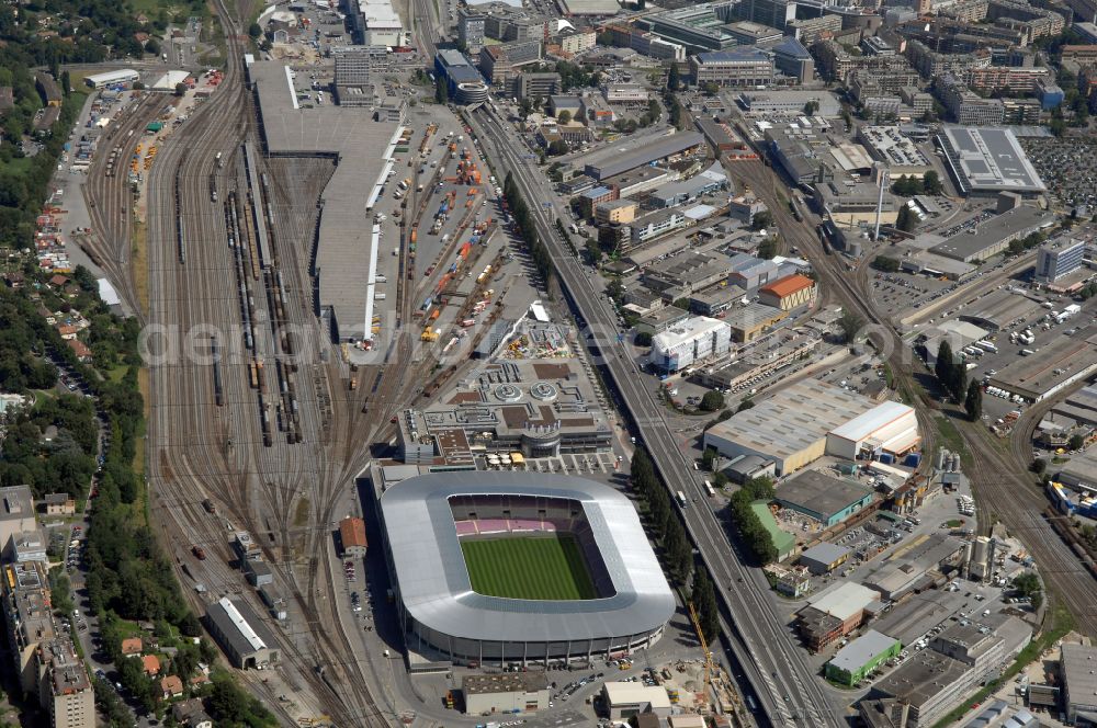 Genf from above - Sports facility grounds of the arena of the stadium Stade de Geneve (or Stade de la Praille) on the Route des Jeunes in Geneva in the canton of Geneve, Switzerland